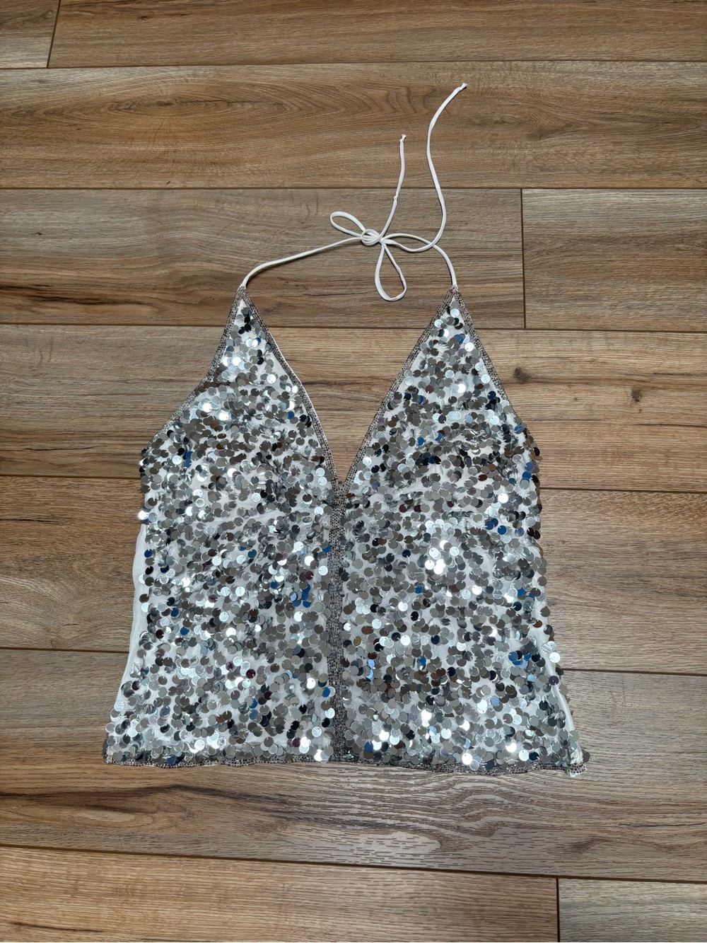 Vintage Y2K Silver Sequin & Beaded Halter Top by Venus